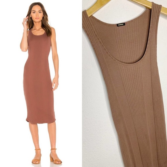 Monrow Sienna Brown Neutral Scoop Neck Ribbed Tank Midi Dress Size Medium - Picture 1 of 8